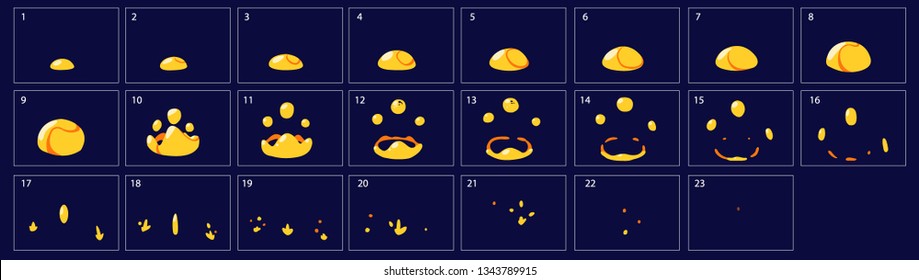 Feuerblasen spritzen Animation. Feuerspritzer-Blatt für Spiel, Cartoon oder Animation. Tränen der klassischen Lava 2d Animation. Feuerstrom-Effekt. - Vektorgrafik