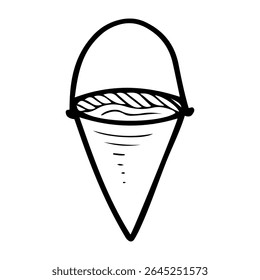 Fire bucket full of water. Hand drawn doodle vector. Rescuer equipment. Metal container cone for liquid and sand. Fire extinguishing tool in emergency. Illustration line art element.