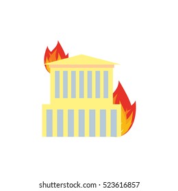 Fire in building. Flames from office windows. Arson home. Burn facility. Spontaneous disaster. Apocalypse on earth