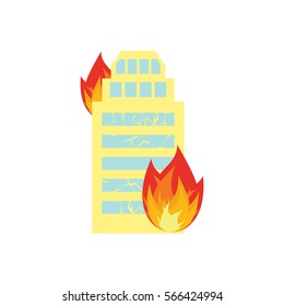 Fire in building. Flames from office windows. Arson home. Burn facility. Spontaneous disaster. Apocalypse on earth