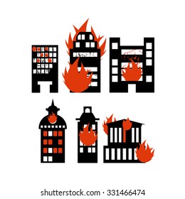 Fire  building. Set of icons lit city buildings. Emergency incident. Destruction of municipal and public houses. burning skyscraper