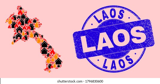 El fuego y los edificios mosaicos el mapa de Laos y la imitación del sello de Laos arañado. El mapa del mosaico vectorial de Laos se compone de aldeas quemadas al azar. El collage de mapas de Laos está compuesto para ilustraciones de rebelión.