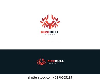 Fire Bull Logo Design. Geometric Bull Head Logo with Burning Concept. Red Bull Head Icon or Symbol