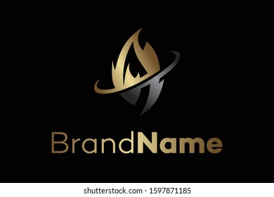 fire burn flame in gold and metal logo concept