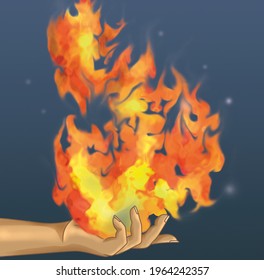 quemaduras de fuego en la mano en fondo azul