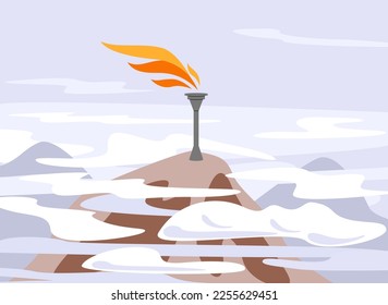 Fire burn on mountain or rock top. Victory or freedom symbol. Attention, signal lights in clouds. Vector nature landscape with burning flame torch