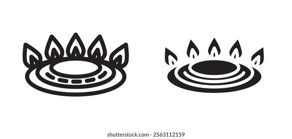Fire burner icons in black line and filled versions