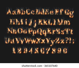 Fire burning alphabet and numbers font set with smoke on black background