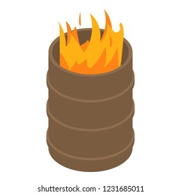 Fuego quemándose en ícono de barril. Iométrico de la quema de fuego en el ícono del vector del cañón para el diseño web aislado en fondo blanco