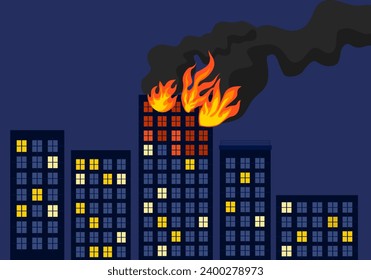 Fire in burning buildings at night orange flame cityscape background.