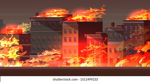 fire in burning buildings on city street orange flame cityscape background flat horizontal