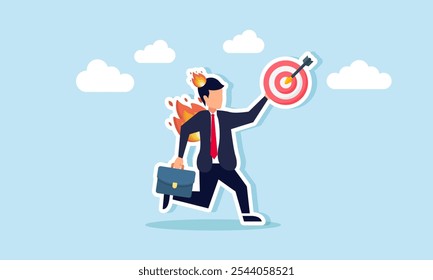 fire burning a businessman holding a target board, illustration of a deadline to complete business targets