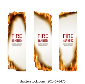 Fire burning flame banners. Hot sale advertisement, burning offer of deal promotion vertical posters, price drop flyers design with realistic vector white sheet of paper sides and edges in flames