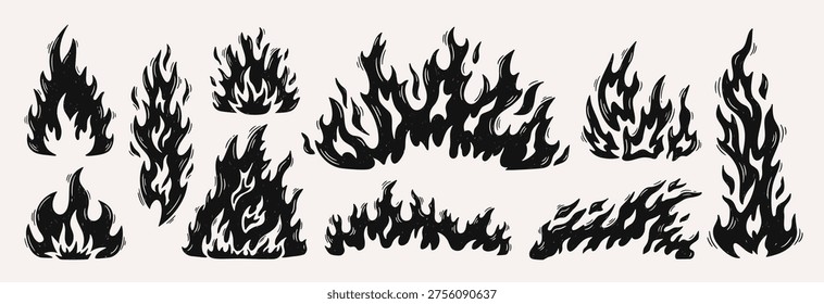 Fire burning flames with flame bonfire doodle for set blaze campfire. Spark smoke hot with heat energy hazard for warning danger safety. Decal tattoo fire with black flame grunge for bonfire.