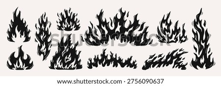 Fire burning flames with flame bonfire doodle for set blaze campfire. Spark smoke hot with heat energy hazard for warning danger safety. Decal tattoo fire with black flame grunge for bonfire.