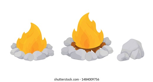 Fire with burning flames. Vector illustration of cartoon bonfire with burning flames and stones around. Natural fire for a fireplace, open wood fire, isolated on a white background.
