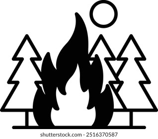 A fire is burning in a forest with trees in the background. The fire is orange and yellow, and it is surrounded by green trees. Concept of danger and destruction, as the fire threatens the forest
