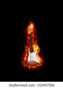 Fire burning guitar black background. vector