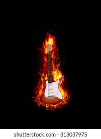 Fire burning guitar black background. vector