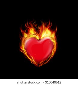 Fire burning a heart on black background. vector