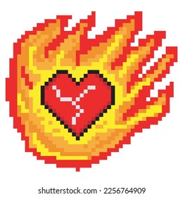 Fire burning Heart symbol with pixel art
