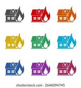 Fire in burning house icon isolated on white background. Set icons colorful