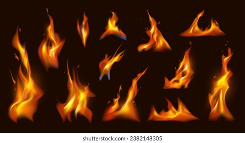 Fire burning, isolated flames effect with tongues and sparks. Vector realistic ignition and flaming effect, blowing wind on fiery lightning or hot light in motion, bonfire or blaze