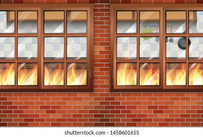 The fire is burning the kitchen room in the house