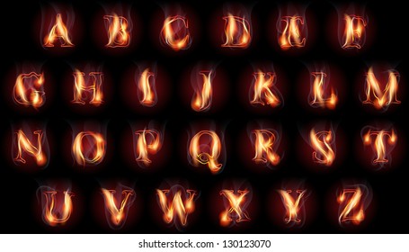 Fire burning letters set. latin alphabet. Vector font