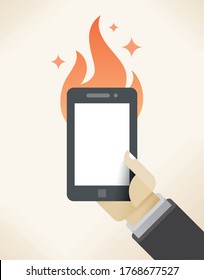 Fire burning mobile phone blank screen. Place for your hot news, popular article or social media network post with many likes in businessman hands. Unusual vector illustration.