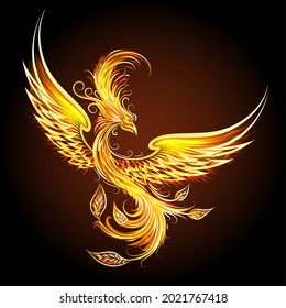 Fire burning Phoenix Bird with black background. Vector illustration.