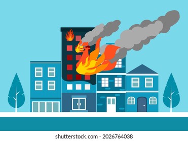 Fire burning residential apartment building. Orange flames in the windows and smoke. Building fire flat design vector illustration.