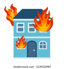 Fire burning residential building. Orange flames in the house in flat design on white background. Building fire concept vector illustration.