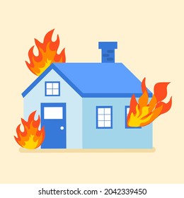 Fire burning residential house. Orange flames at roof, door and window in flat design. 