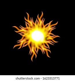 fire burning sun tattoo on a black background.