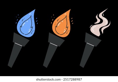 Fire burning torch flame icon isolated set. Vector graphic design illustration