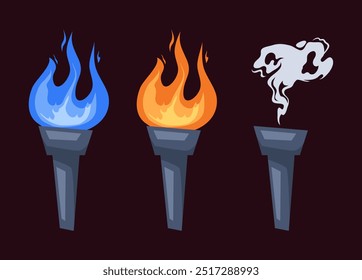 Fire burning torch flame icon isolated set. Vector graphic design illustration