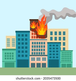 Fire burning tower of apartment building. Orange flames in the windows and smoke. Building fire flat design vector illustration.