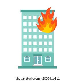 Fire burning tower of apartment building. Orange flames in the windows. Building fire flat design vector illustration.