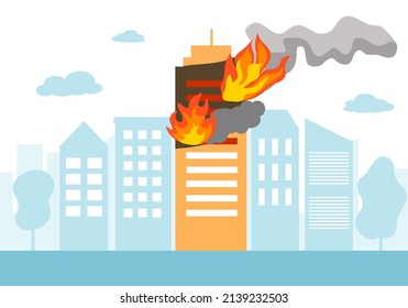 Fire burning tower of apartment building. Orange flames in the windows and smoke . Building fire flat design vector illustration.