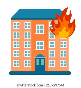 Fire burning tower of apartment building. Orange flames in the windows. Building fire flat design vector illustration.
