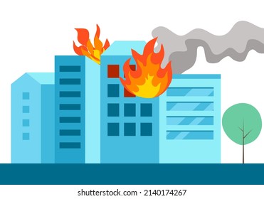 Fire burning tower of apartment building. Orange flames in the windows and smoke . Building fire flat design vector illustration.