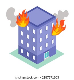 Feuerbrennender Turm des Wohngebäudes. Orange brennt in den Fenstern. Gebäude Feuer flach Design, Vektorgrafik.