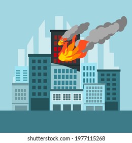 Fire burning tower of city building. Orange flames in the windows and smoke. Building fire flat design vector illustration.	
