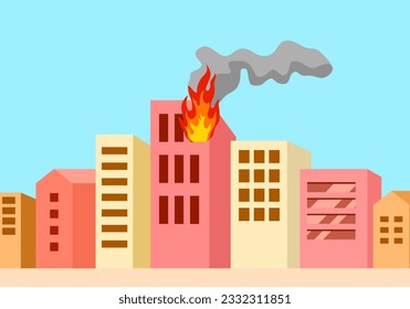 Fire burning tower of city building. Flame in the windows and smoke. Building fire concept vector illustration.