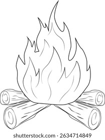 The fire is burning. Burning wooden logs. Symbol of coziness, warmth, nature and outdoor recreation. Cooking outdoors.