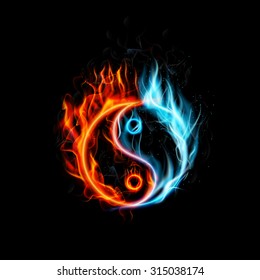 Fire burning Yin Yang with black background. Vector