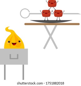 Das Feuer brennt im Grill. Auf dem Tisch auf den Schüssel Fleischstücke mit Spieß durchbohrt. Hübsche Cartoon-Figuren, die auf weißem Hintergrund lachen. Konzept für Essen und Kochen.