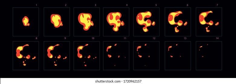 Feuerpeitschen-Animation Animation der Brandblase. Feuerspritzer-Blatt für Spiel, Cartoon oder Animation. 2d klassischer Animationseffekt.