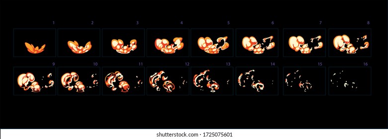 Fire burst animation . Sprite sheet of fire effect animation for games, cartoon or animation. Set of frames fire animation. – Vector